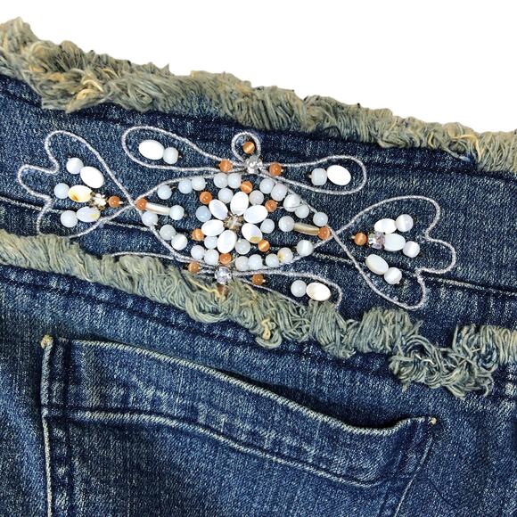 INC Denim Mini Skirt Sz 6 Blue Jean Fringe Embroidered Beaded Y2K Stretch - Picture 7 of 9